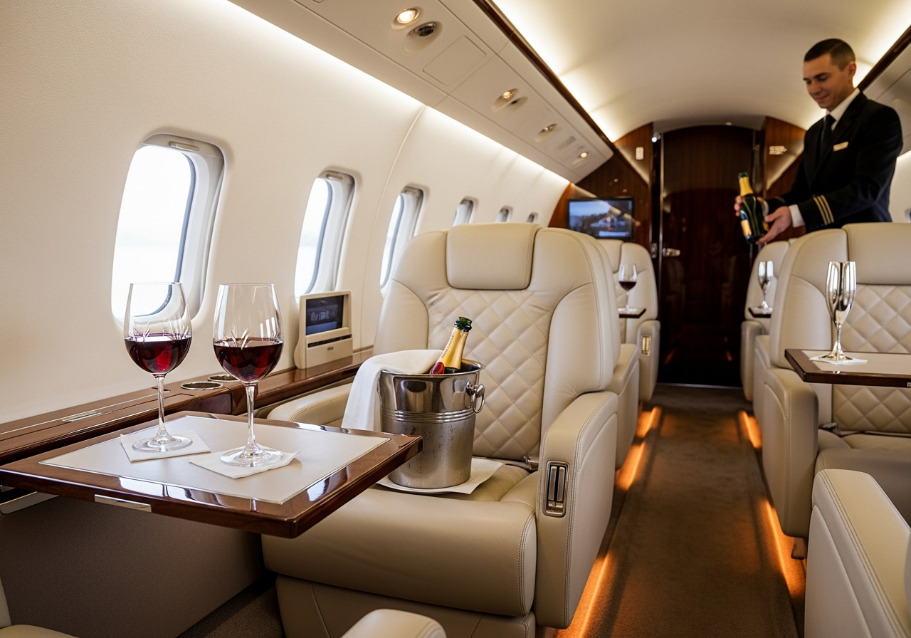 Luxury private jet cabin interior with wine service, Valley Jet Napa Valley charter